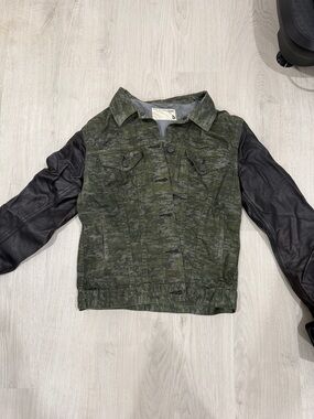 rag & bone Green Camouflage Jacket with Black Leather Sleeves